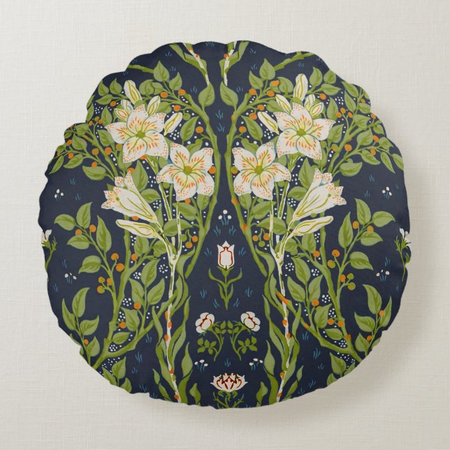 Coussins Ronds Walter Crane Branches Berry avec Lys blancs (Devant)