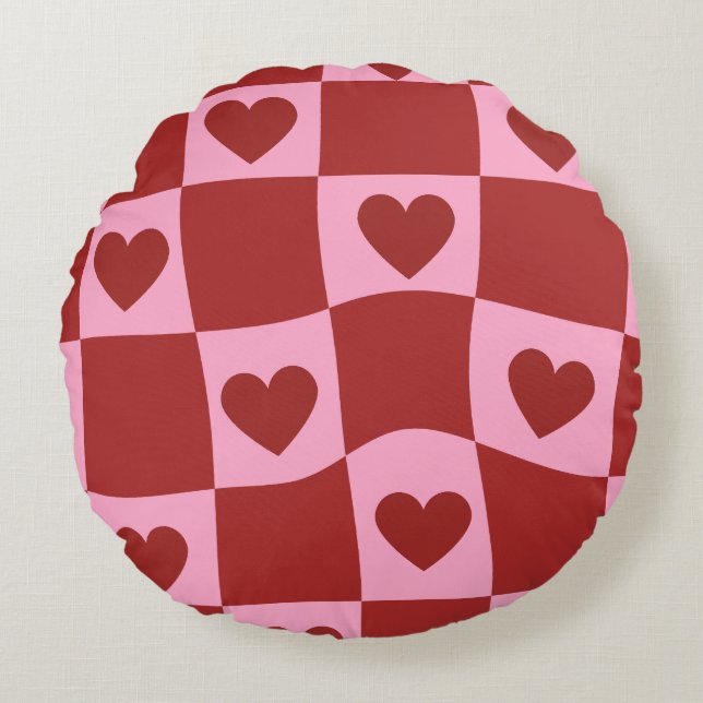 Coussins Ronds Warped Crimson Pink Checkerboard Pillow (Devant)