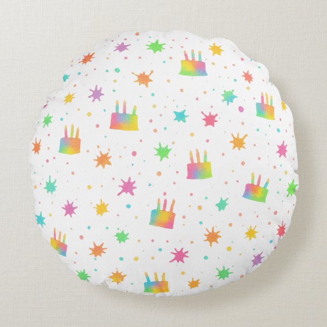 Coussins Ronds Watercolor Birthday Cake Colorful Paint Splatter (Devant)