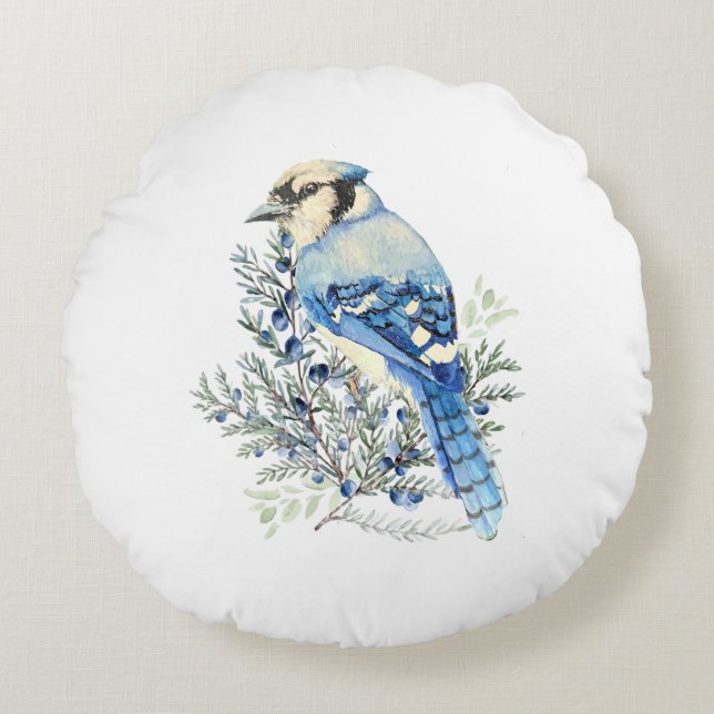 Coussins Ronds Watercolor Blue Jay Bird Blueberries Country Art (Devant)