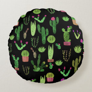 Coussins Ronds Watercolor Cactuses Plante Arrière - plan sans cou