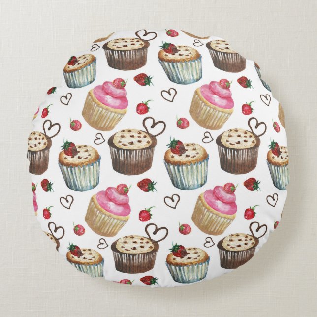 Coussins Ronds Watercolor cupcakes (Devant)
