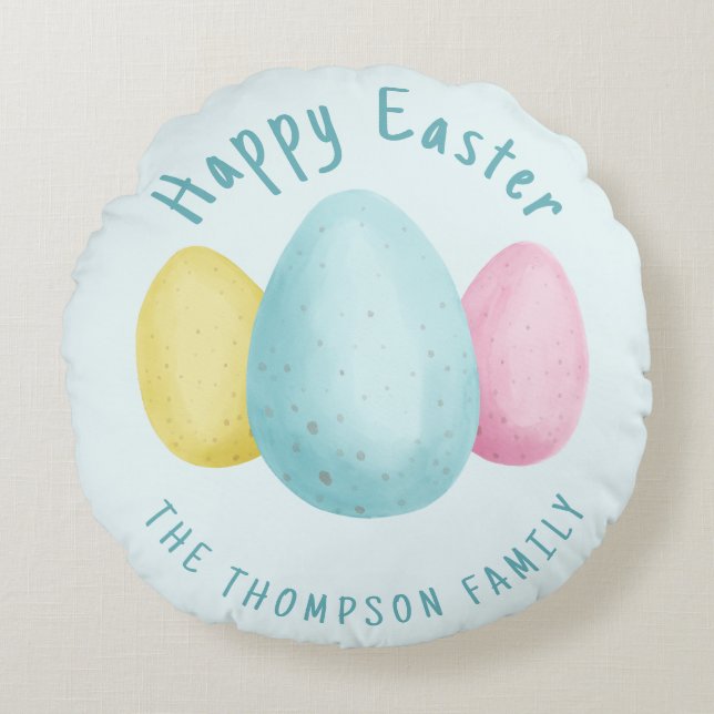 Coussins Ronds Watercolor Easter Eggs Blue Happy Easter (Devant)