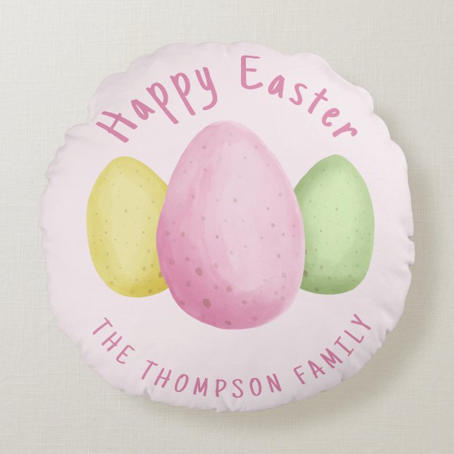 Coussins Ronds Watercolor Easter Eggs Pink Happy Easter (Devant)