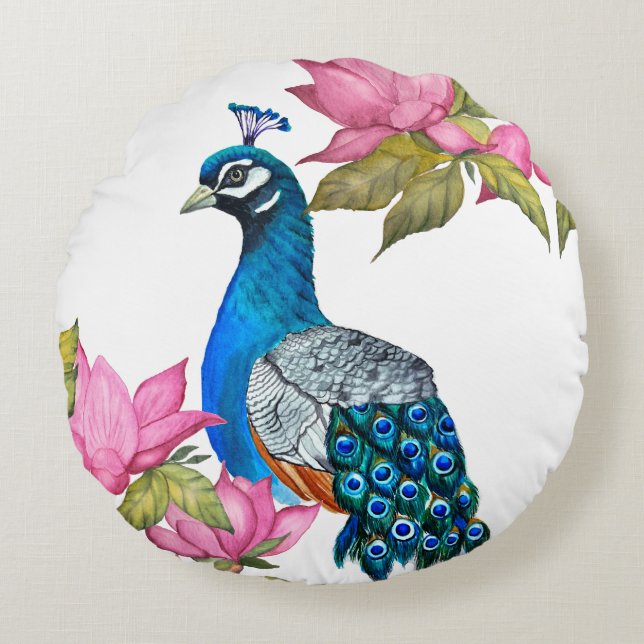 Coussins Ronds Watercolor peacock (Devant)