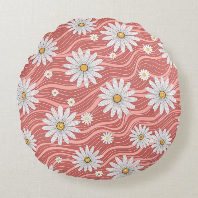 Coussins Ronds Wavy Pink Daisies  (Devant)