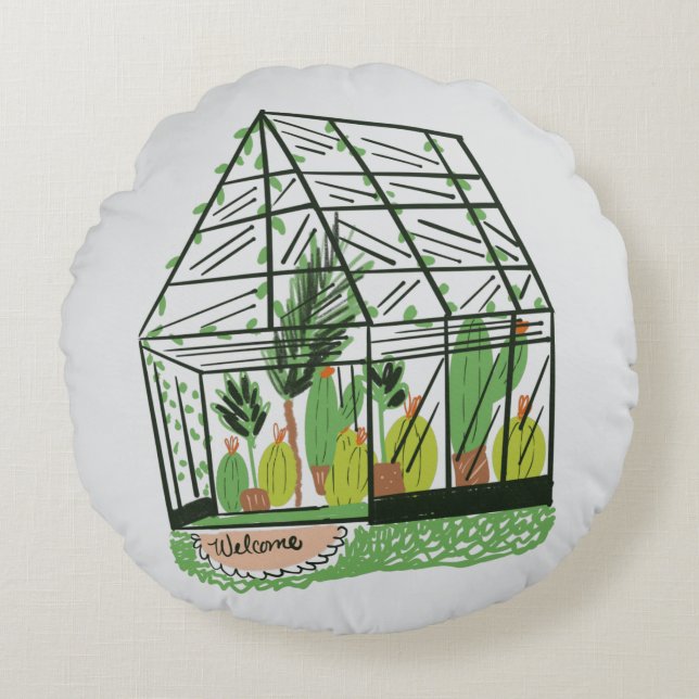 Coussins Ronds Welcome Green House Botanical Cactus Plants Art (Devant)