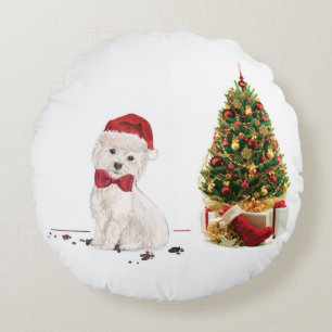 Coussins Ronds Westie drôle de Noël avec arbre