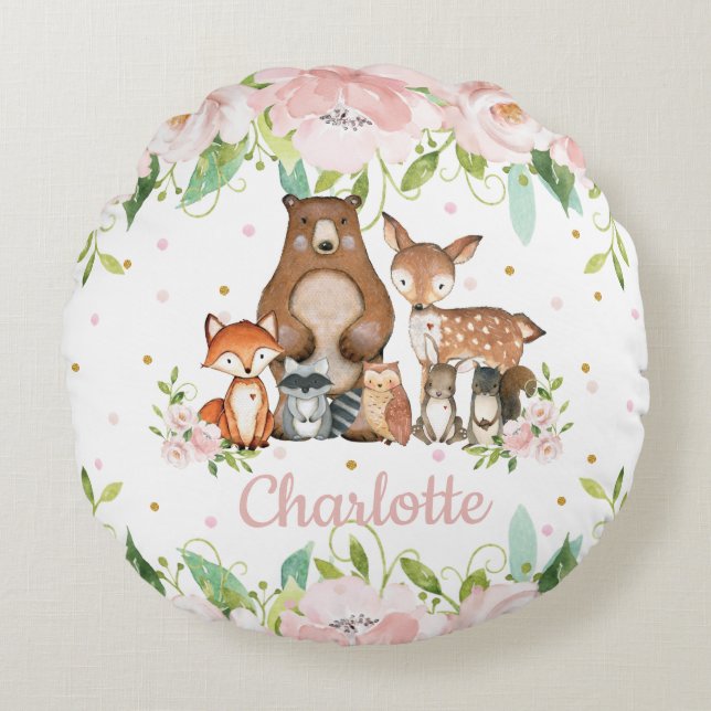 Coussins Ronds Whimsical Cute Bois Animaux Rose Blush Floral (Devant)