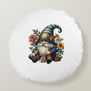 Coussins Ronds Whimsical Gnome with Flowers