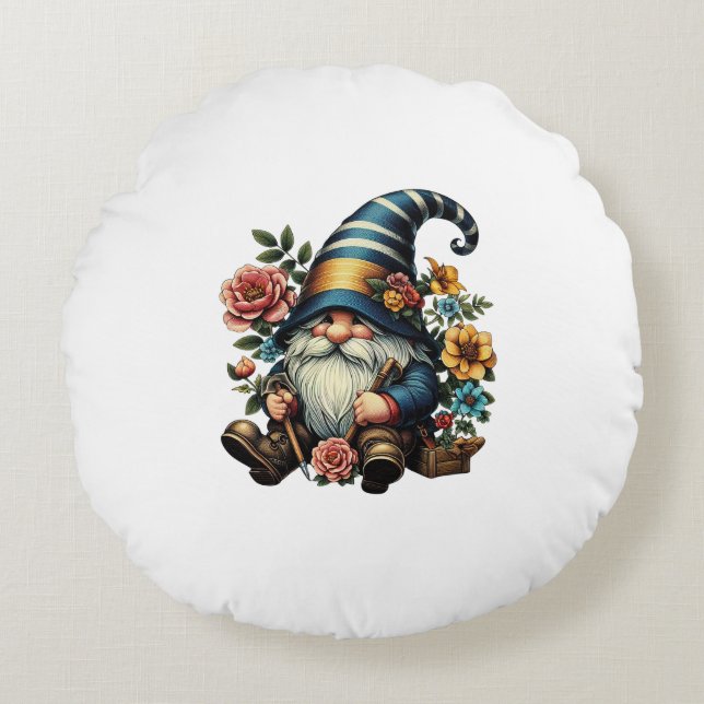Coussins Ronds Whimsical Gnome with Flowers (Devant)