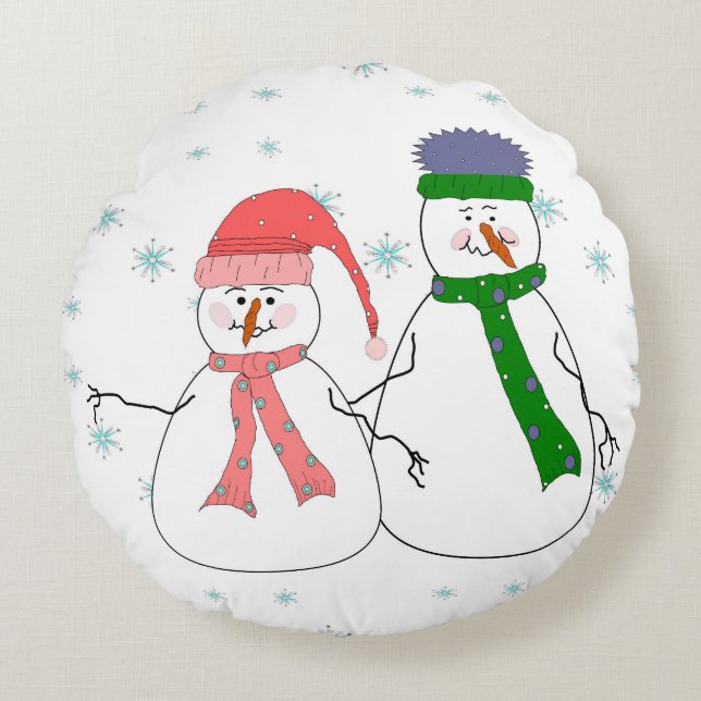 Coussins Ronds Whimsical M. et Mme Snowman Snowing Winter Art (Devant)