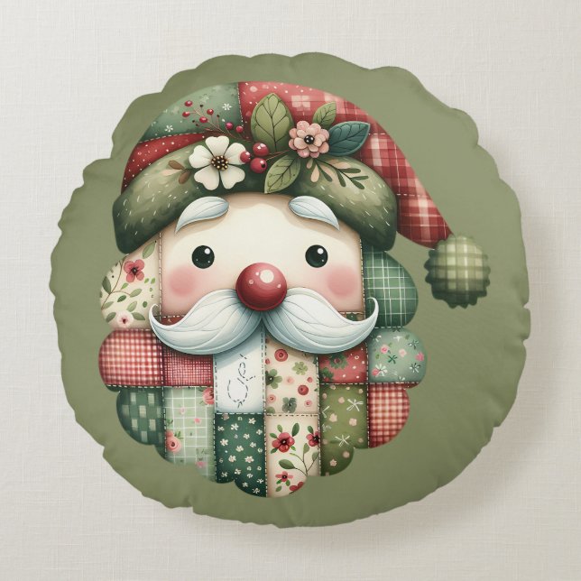 Coussins Ronds Whimsical Patchwork Santa Folk Christmas (Devant)