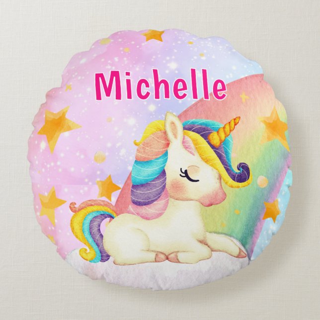 Coussins Ronds Whimsical Rainbow Unicorn Girl's Name Room  (Devant)