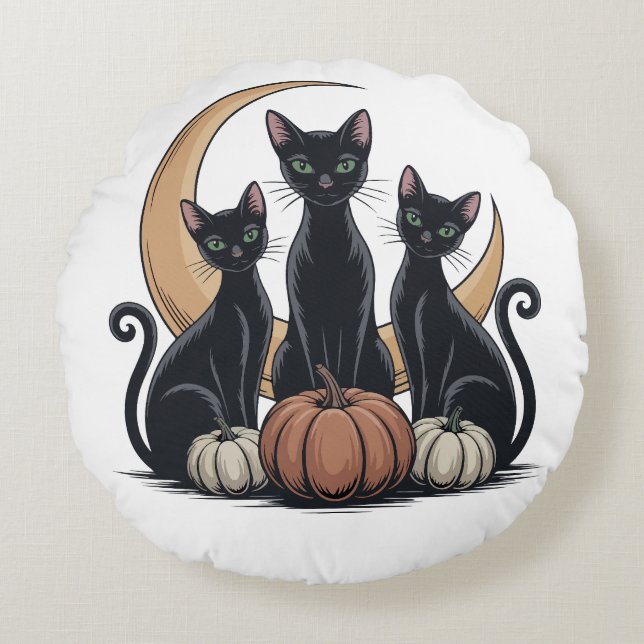 Coussins Ronds Whimsigothique Chats noirs Citrouille Lune Hallowe (Devant)