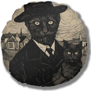 Coussins Ronds Whimsy Goth Van Gogh Chat noir