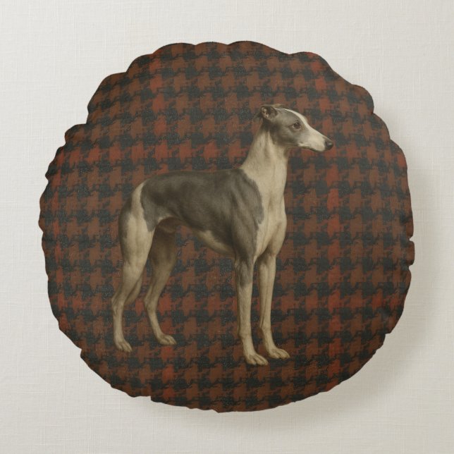 Coussins Ronds Whippet round cushion. Whippet on tweed/tartan (Devant)