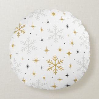 Coussins Ronds White & Gold Snowflake Sparkle Throw Pillow