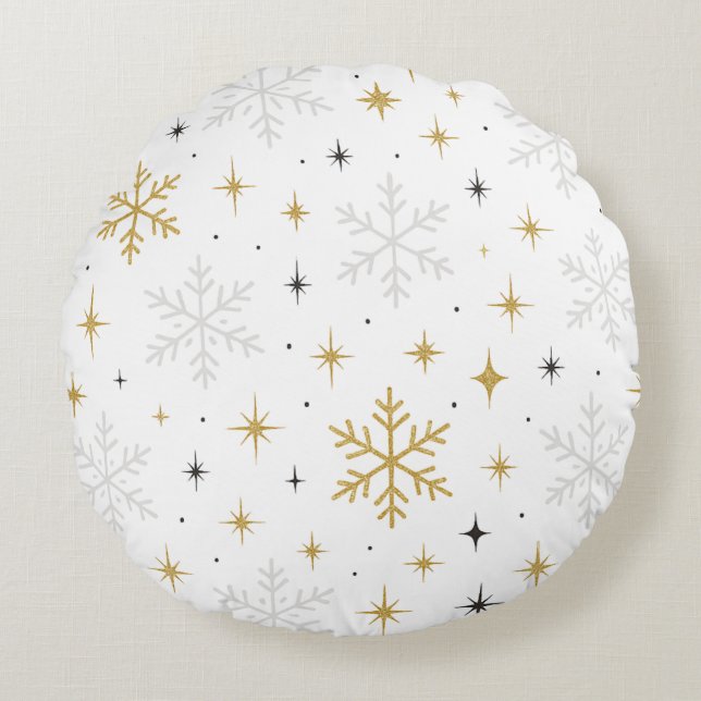 Coussins Ronds White & Gold Snowflake Sparkle Throw Pillow  (Devant)