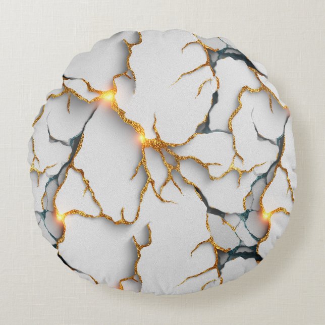 Coussins Ronds White Marble Texture with Glowing Gold Veins (Devant)