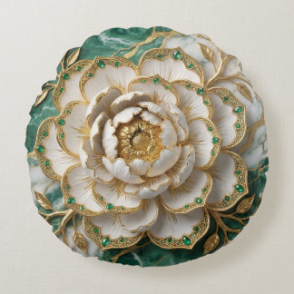 Coussins Ronds White Peony Gold Filigre Emerald Luxury Floral Art