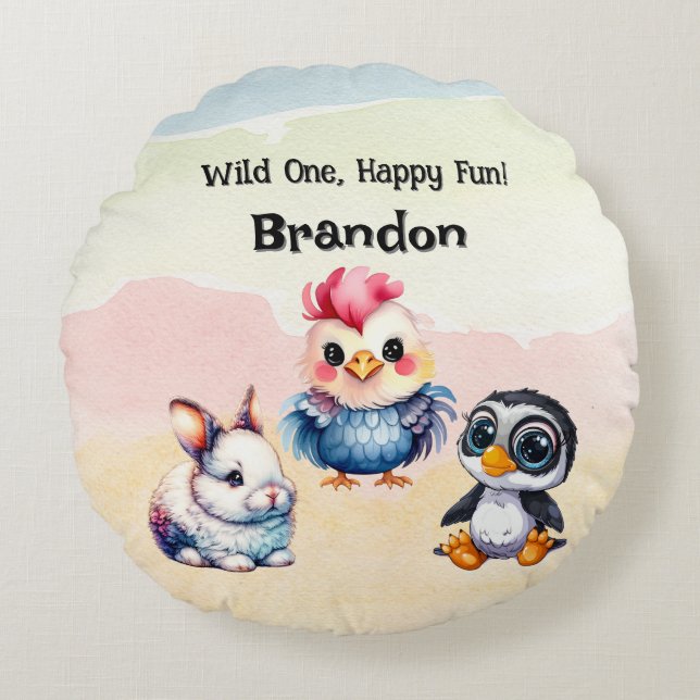 Coussins Ronds Wild One Happy Fun Woodland Animaux Aquarelle (Devant)