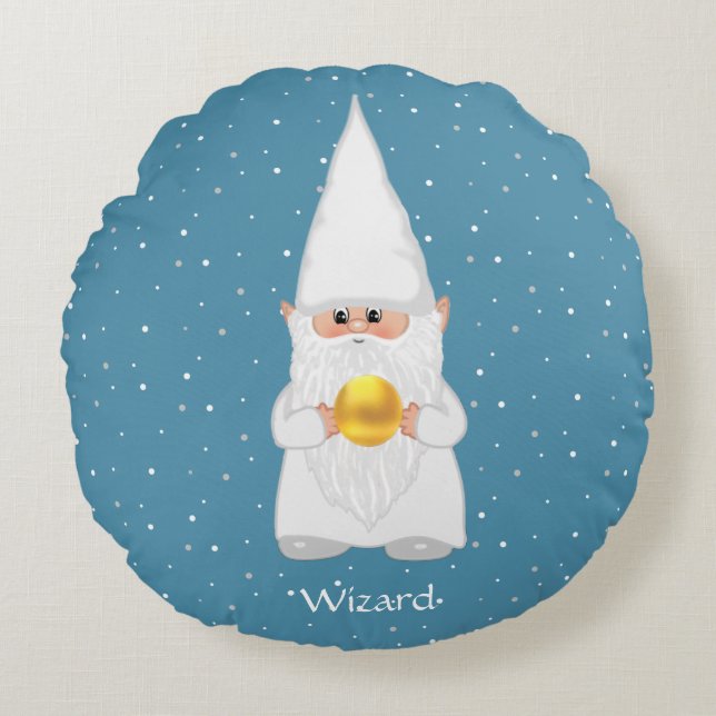 Coussins Ronds Wizard Gnome & Gold sur Sapphire Blue (Devant)
