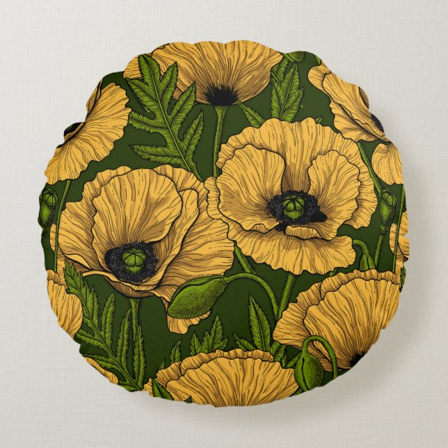 Coussins Ronds Yellow poppies on dark green (Devant)
