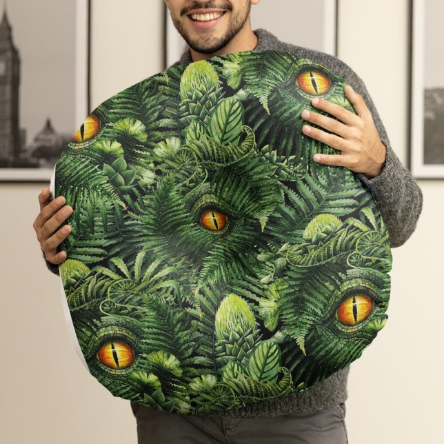 Coussins Ronds Yeux de dinosaure Plantes vertes Art de créature a (Créateur téléchargé)