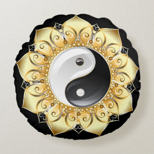 Coussins Ronds Yin Yang avec pétales de lotus dorés