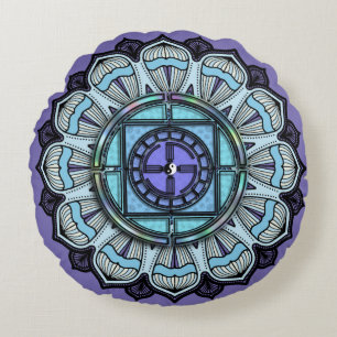 Coussins Ronds Yin Yang noir blanc sur Lavender Aqua Mandala