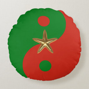 Coussins Ronds Yin Yang rouge et vert avec Gold Star