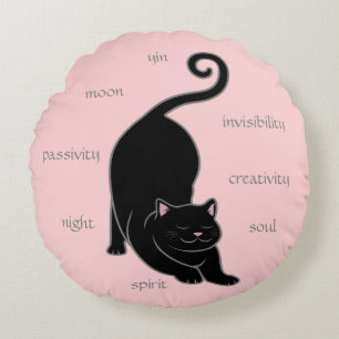 Coussins Ronds Yoga chat noir et texte modifiable sur rond rose
