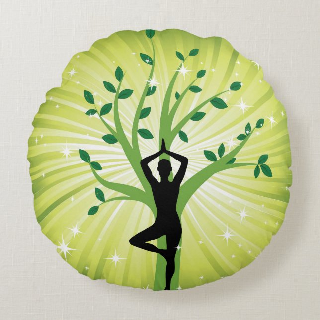 Coussins Ronds yoga, yogi, arbre de vie, vert, guérisseur, guérir (Devant)