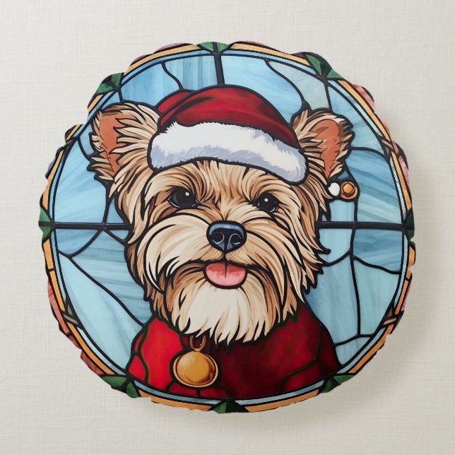 Coussins Ronds Yorkshire Terrier Vitrail de Noël (Devant)