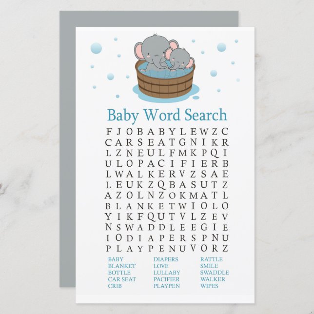 Coute Elephant Baby shower Word Recherche Jeu (Devant / Derrière)