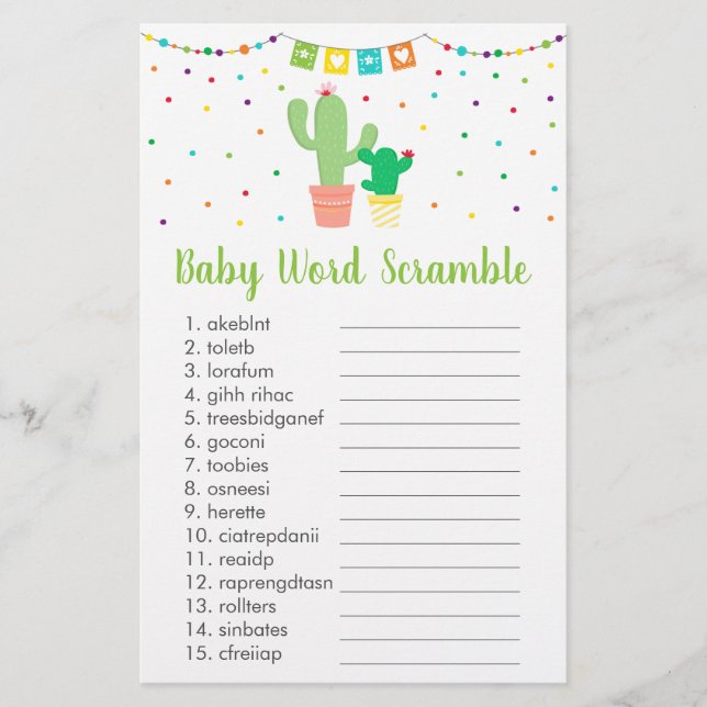 Coute Fiesta Cactus Baby shower Word Scramble Jeu (Devant)