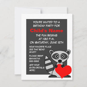 Coute Raccoon et Heart Birthday Invitation