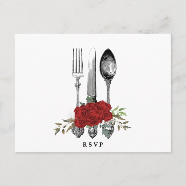 coutellerie rouge florales mariage rsvp carte post (Devant)