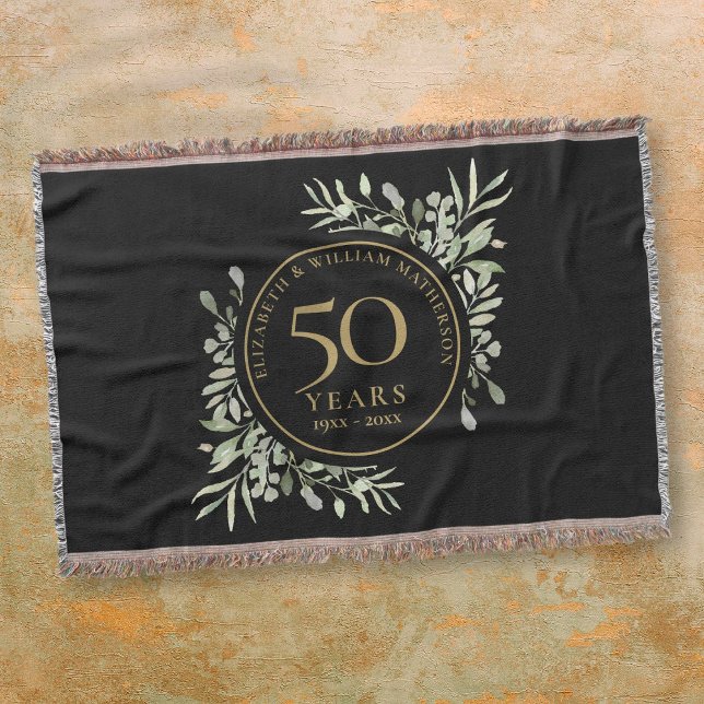 Couverture 50e anniversaire de mariage feuille de verdure noi (50th Wedding Anniversary Black Gold Greenery Leaf Throw Blanket)