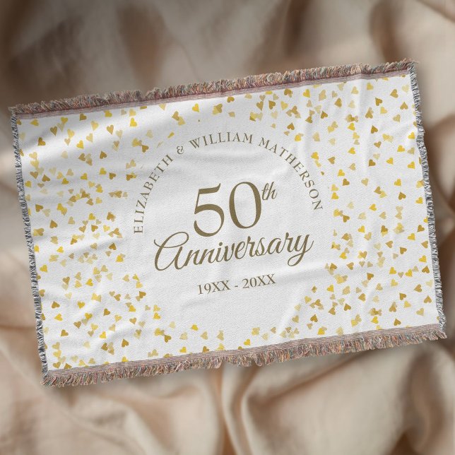 Couverture 50e anniversaire de Mariage Gold Love Hearts Confe (50th Wedding Anniversary Gold Love Hearts Confetti Throw Blanket)