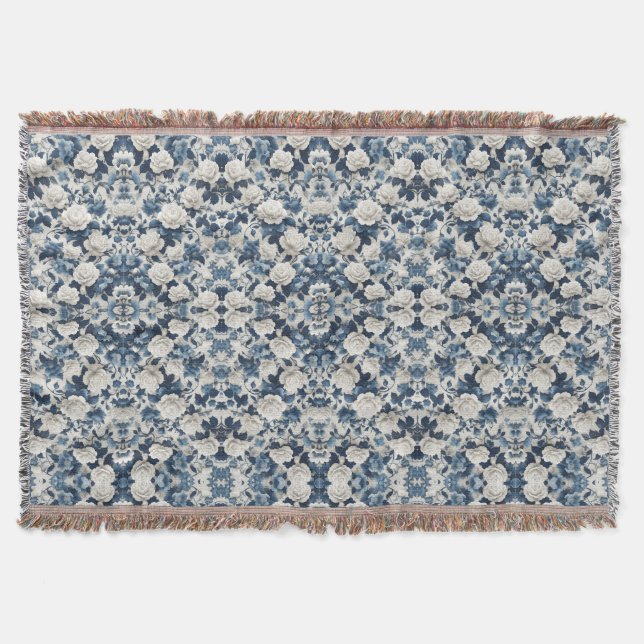 Couverture à motif damassé floral bleu (Devant)