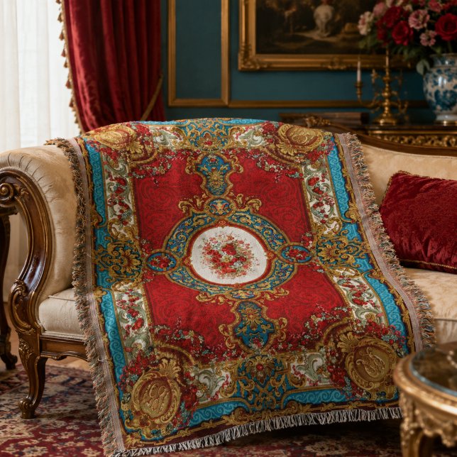 Couverture Accent floral orné rouge or bleu victorien (Créateur téléchargé)