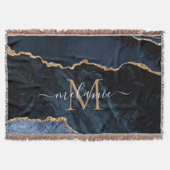 Couverture Agate Marine Blue Gold Gemstone Marble Nom du mono (Devant)