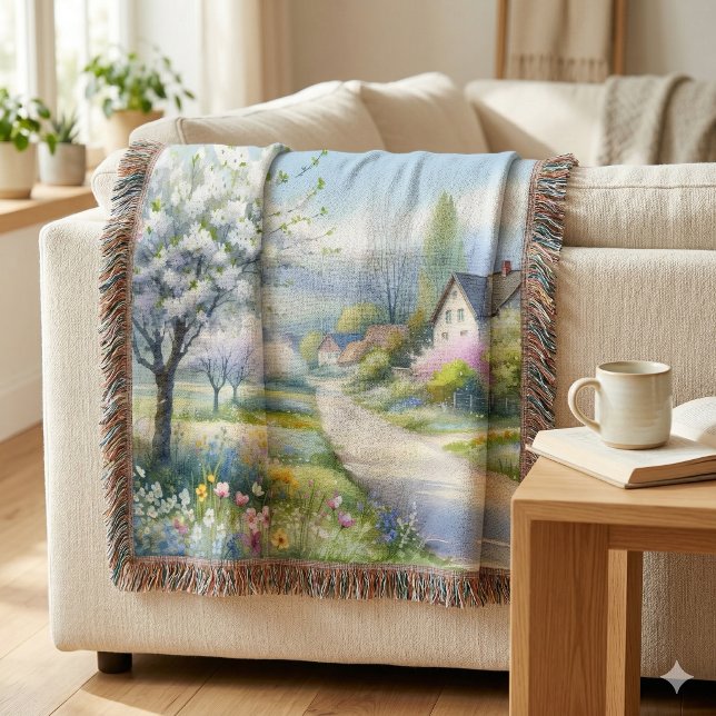 Couverture Allée enchantée du pays fleuri (Enchanted Blossom Country Lane Throw Blanket Over Sofa Arm)