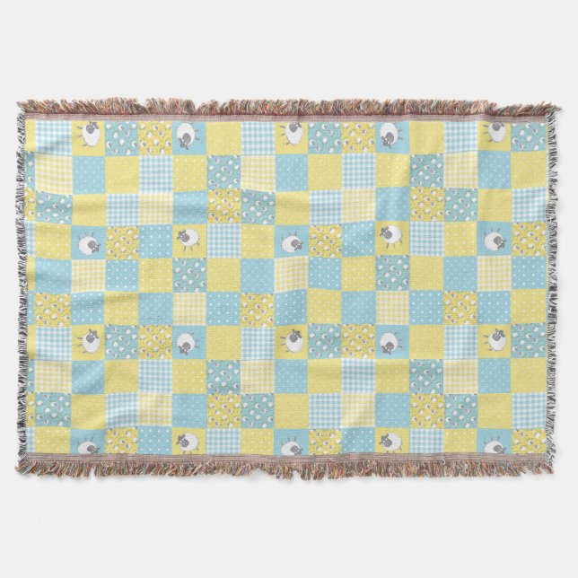 Couverture Amusants Welsh Sheep Faux Patchwork bleu Jaune En  (Devant)