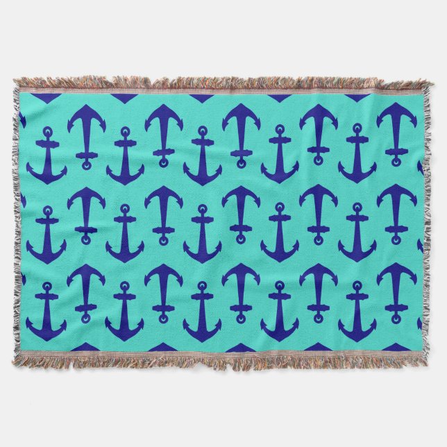 Couverture Ancre Bleue Marine Sur Décor Côtier Turquoise (Devant)