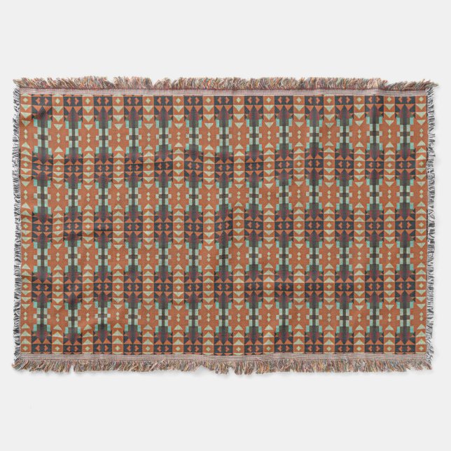 Couverture Aqua Turquoise Vert Orange Taupe Beige Tribal Art (Devant)