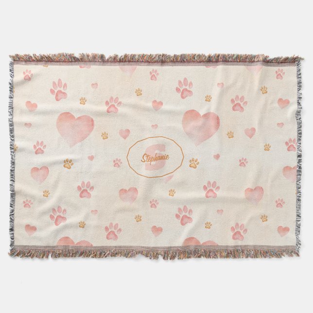 Couverture Aquarelle Coeurs et Empreintes de pattes Motif (Devant)