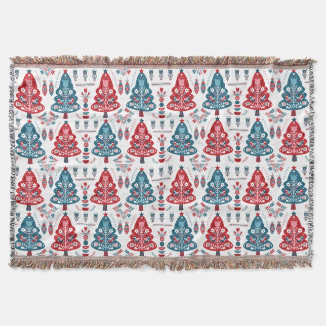Couverture Arbre de Noël scandinave rouge d'hiver Art folklor (Devant)